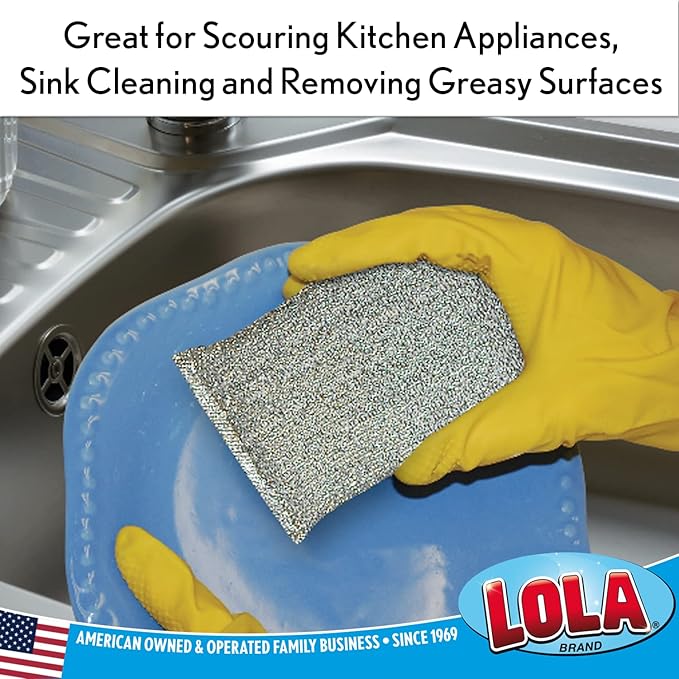 LOLA Wonder Non-Scratch Scouring Pad, Large Knitted Flat Wire Cloth Fibers w/Foam Sponge Core, Assorted Colors (Gold or Silver), 1 Pack