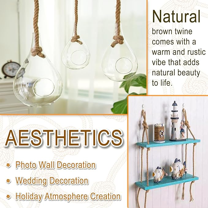 6mm Jute Twine String, 164 Feet 4 Ply Thick Heavy Duty Twine Rope for Crafts, Cat Scratching Post, Cats Toy Making, Gardening Plant, Packing, Bundling, Christmas, Wedding Decor