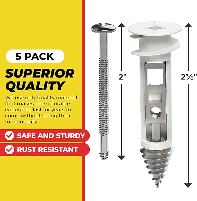 Heavy Duty Drywall Anchors and Screws Kit Including Toggle Anchors & Screws Durable Zinc Plastic Self Drilling Drywall Anchors for Hanging Pictures & More (5 Pack)