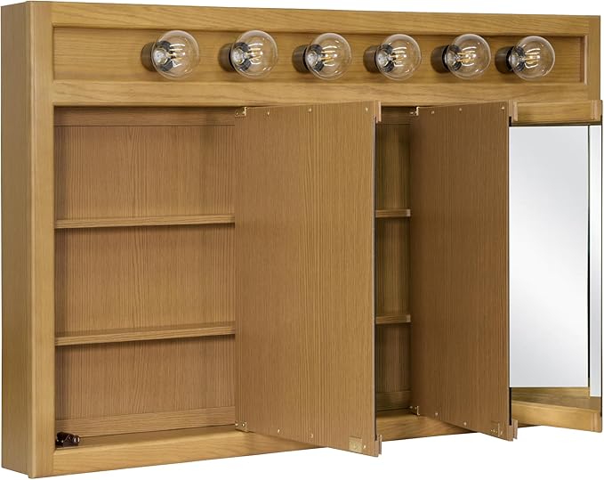 Design House Richland Medicine Cabinet with 6 Lights, Fully Assembled, Wall Mounted, 3 Mirrored Doors, Wood Frame, Oak Finish, 48 in x 5 in x 30 in, 530626-NOK