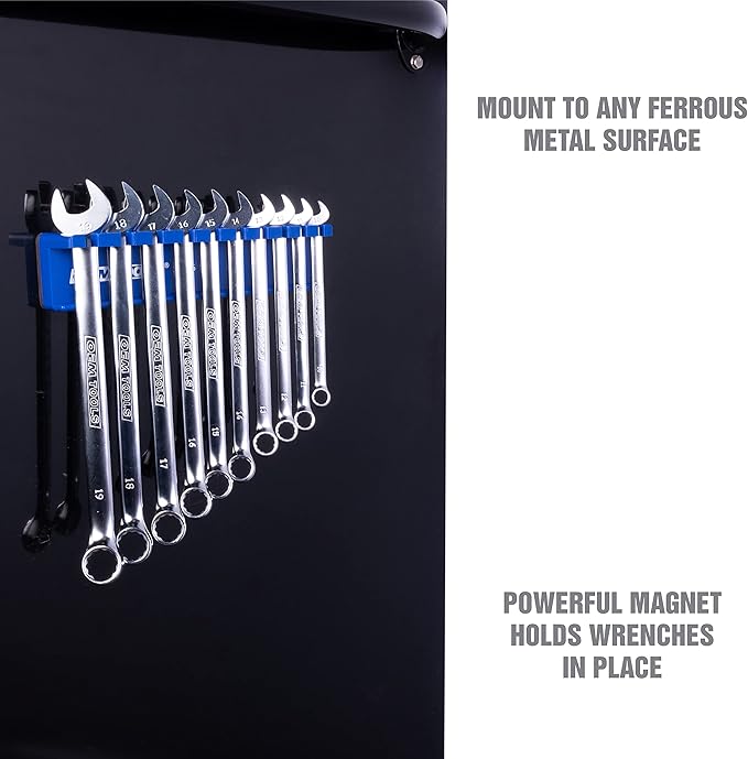 OEMTOOLS 22515 Magnetic Wrench Holder and Tool Organizer, Magnet Holds Up To 10 Wrenches To Most Metal Surfaces, SAE and Metric, 9.25 Inch Magnetic Tool Holder For Shop Or Garage, Blue