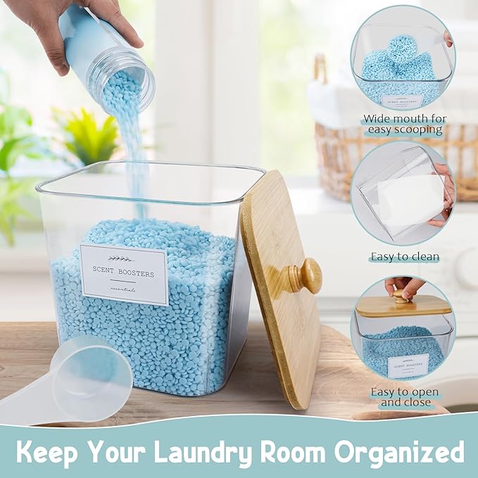 4 Pack Laundry Pods Containers & Plastic Powder Detergent Holder Set, Laundry Room Organization and Storage, Clear Organizer Jars with Lids, Scoops & Labels for Scent Beads, Dryer Balls, Lint