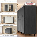 Heavy Duty Covered Clothes Rack with Magnetic Door Foldable Portable Wardrobe Closet for Hanging Clothing Rolling Black Metal Garment Rack on Wheels Closet System (Black, 74.7in)