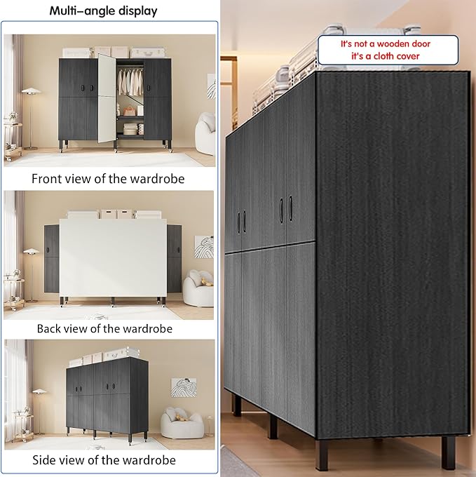 Heavy Duty Covered Clothes Rack with Magnetic Door Foldable Portable Wardrobe Closet for Hanging Clothing Rolling Black Metal Garment Rack on Wheels Closet System (Black, 74.7in)