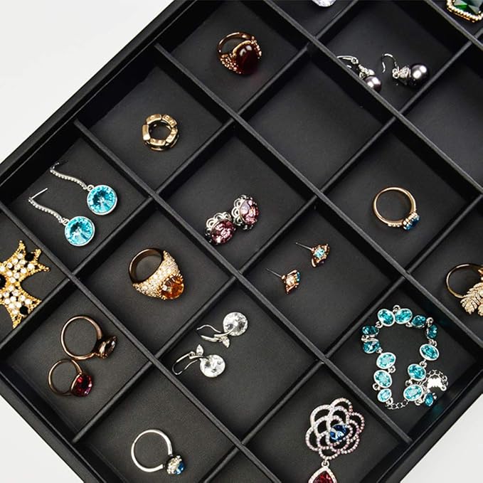 Oirlv Stackable Jewelry Organizer Tray Premium Leather 24 Grid Jewelry Drawer Organizer Dresser Tabletop Trinket Earring Ring Storage