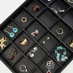 Oirlv Stackable Jewelry Organizer Tray Premium Leather 24 Grid Jewelry Drawer Organizer Dresser Tabletop Trinket Earring Ring Storage
