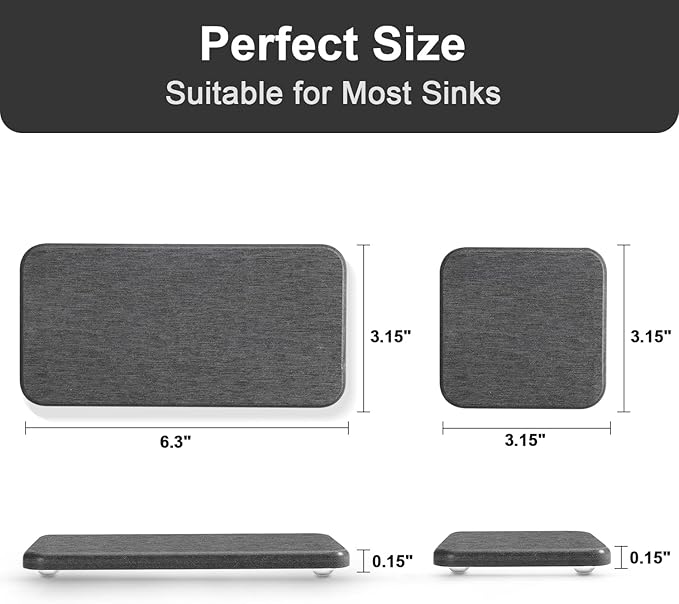Water Absorbing Stone Tray for Sink | Quick Drying Diatomaceous Earth Coasters | Soap Dish Holder & Toothbrush Holder for Bathroom Counter | Hand Soap & Plant & Toiletries | Dark Grey 4-Pack