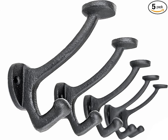 Ambipolar 5-Pack Vintage Decorative Cast Iron Wall Mounted Coat Hooks, Heavy Duty Black Hooks for Coats, Hats, Purse, Towels, Modern Farmhouse Decorative Hooks Black
