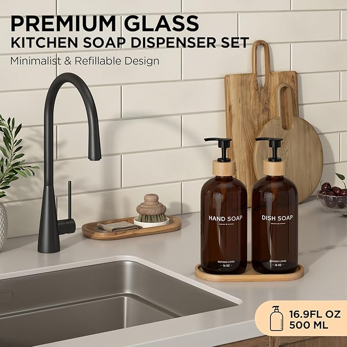 Hand and Dish Soap Dispenser Set,16oz Glass Bottles with Printed Labels, Bamboo Tray & Pump,Countertop Soap Dispensers for Kitchen,Luxury, Minimalist & Farmhouse Decor (Hand Dish (Amber))