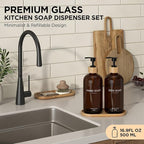 Hand and Dish Soap Dispenser Set,16oz Glass Bottles with Printed Labels, Bamboo Tray & Pump,Countertop Soap Dispensers for Kitchen,Luxury, Minimalist & Farmhouse Decor (Hand Dish (Amber))