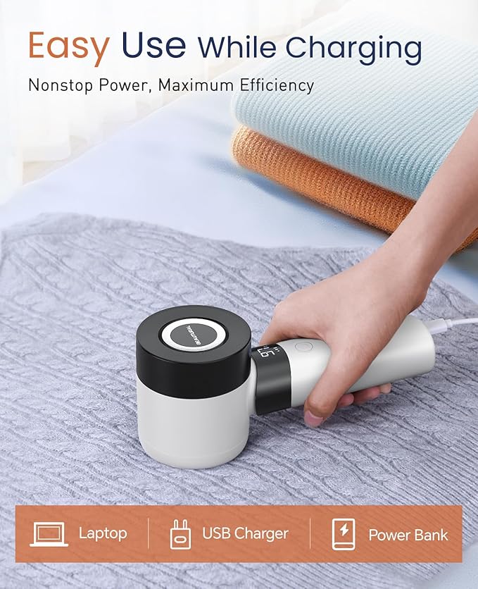 BEAUTURAL Fabric Shaver and Lint Remover, Rechargeable Electric Sweater Shaver with 3 Speeds, 6 Leaf Blades and LED Display, Portable Pilling Remover for Clothes, Furniture, Blankets