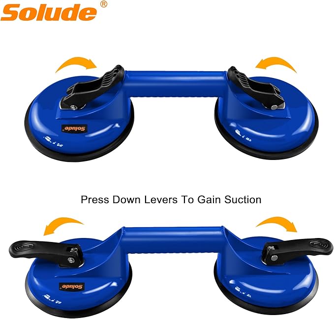 SOLUDE 2 Pack Glass Suction Cups,Aluminium Heavy Duty Vacuum Handle Glass Holder for Lifting Large Glass/Window/Tiles/Mirror/Granite/Floor Gap Fixer/Windshield Removal & Install Tool,Blue