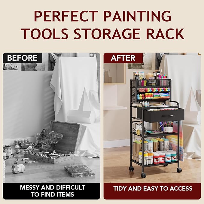 Art cart, 3 Tier Rolling Cart - Utility Cart with Storage Drawer and Wheels, Versatile Art & Craft Organizer for Home, Office, or Studio Ideal for Storing Brushes, Paints (Black)