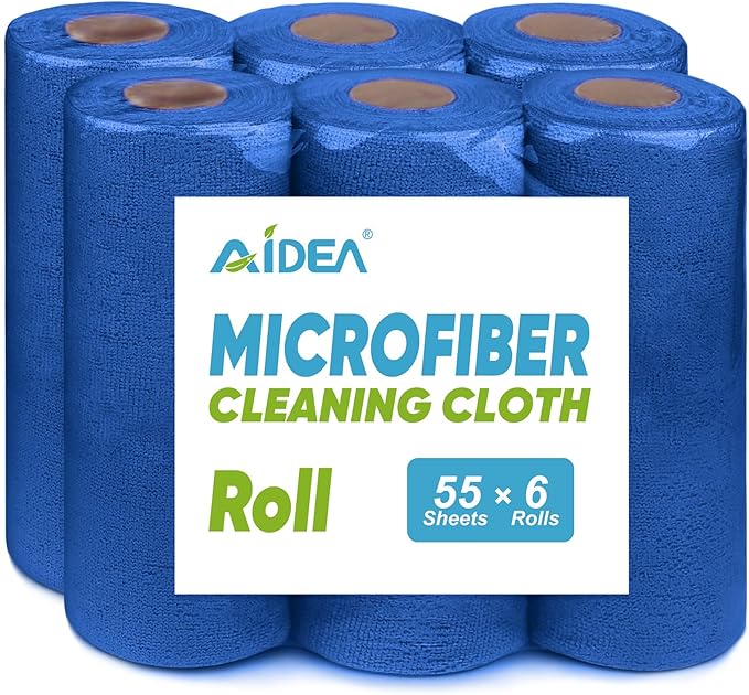 AIDEA Microfiber Cleaning Cloth 330 Sheets 6 Roll, Microfiber Towels for Cars, Shop Rags Washable, Cleaning Rags Reusable Paper Towels for Automotive, House, Cleaning Supplies 11×9" Dark Blue