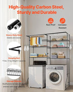 VEVOR Over Washer and Dryer Storage Shelves, 6 Tiers Laundry Room Drying Rack with Hanger Rod and Hooks, Two Rows Adjustable Washer Shelves Space Saver, for Laundry Room Storage & Organization, Black