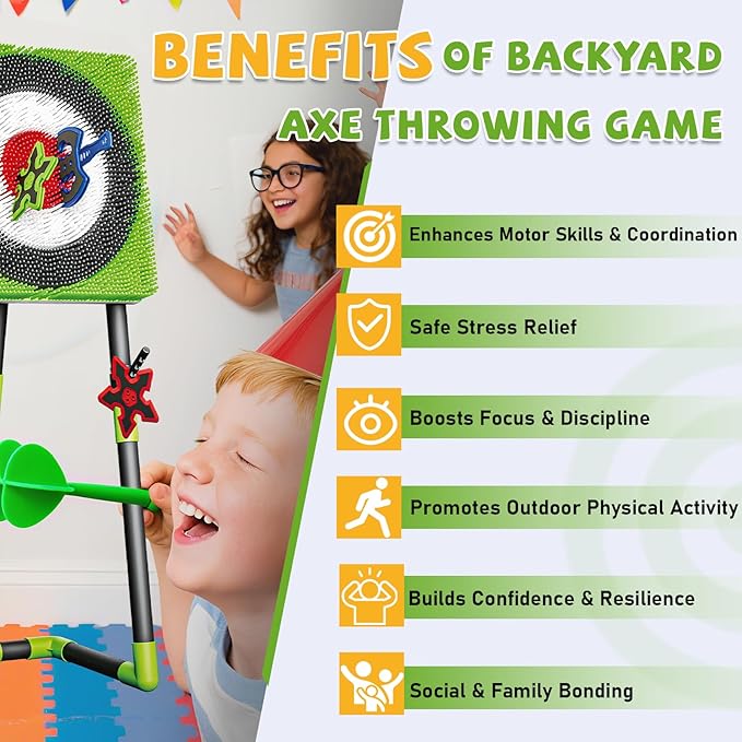 Axe Throwing Game for Backyard - Steel Frame Ax Throw Kit for Kids & Adults - Bristle Target with 6 Throwing Axes Set & Travel Bag - Outdoor/Indoor for Kids & Families Yard Carnival Games