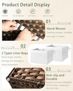Storage Basket with Lid Rattan Woven Storage Baskets with 2 Separate Lids, 17.2 Gallon (65 L), 22 x 13 x 13.8 Inches,Foldable, 2 Removable Liner Bags Handles for Bedroom, Laundry Room Brown