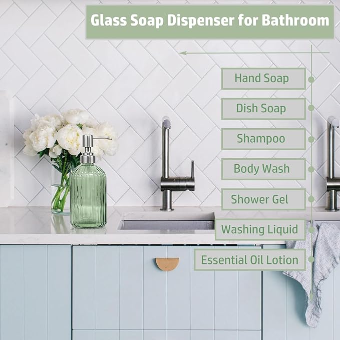 14Oz Green Soap Dispenser Bathroom, Clear Glass Hand Soap Dispensers with Stainless Steel Pump, Refillable Dish Soap Dispenser with Funnel for Kitchen, Countertop Soap Dispensers
