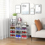 Seseno 12 Pack Shoe Organizer Storage Bins Clear Plastic Stackable Shoe Boxes for Closet, Space Saving Foldable Shoe Storage Case, Sneaker Storage Shoe Box Container