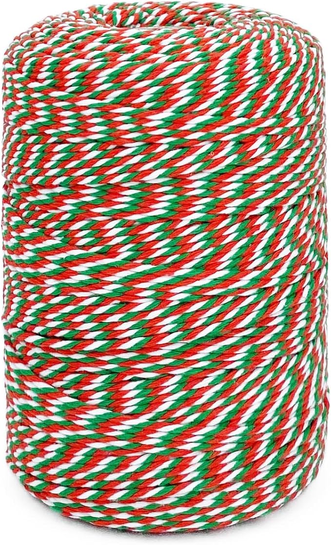 Leecogo Christmas Twine - Red, Green & White Cotton Bakers & Butchers Twine - 656 Feet for Xmas Gift Wrapping, DIY Crafts & Home Decoration