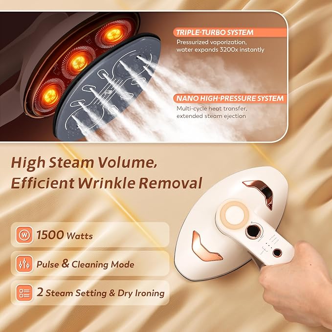 Handheld Steamer for Clothes, 1500W Garment Steamer Steam Iron with Large Soleplate, 390ml Detachable Water Tank, 2 Steam Levels/Pulse Steam/Dry Iron, 20s Heat Up, for Apartment/Hotel/Home