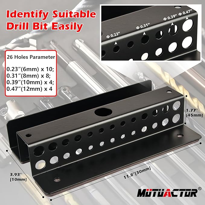 MUTUACTOR Magnetic Drill Bit Organizer,No Drilling Magnet Impact Drill Bit Storage,Anti-Slip Heavy Duty Magnetic Drill Bits Holder for Long Phillips Head Drill Bits,Black,26 Holes