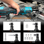 3/8'' Cordless Ratchet Wrench, 74FT-LBS (100N.m) Electric Ratchet with 21V 2 X 2.0Ah Battery, 400 RPM Chargeable Power Ratchet Driver Set with 8 Sockets,1/4 Adaptor, 3" Extension Bar，Brushless Motor