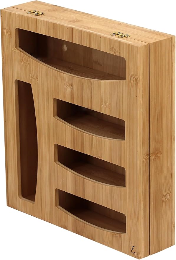 Emeril Lagasse Bamboo Bag Storage Organizer – 5-Compartment Food Storage Bag Holder for Kitchen Drawers & Countertops – Durable Bamboo, Universal Fit for Slider & Zipper Bags