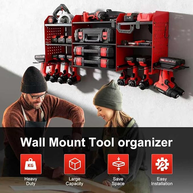 3 layers power tool organizer Loads 150lbs with 10 Cordless Drill Holder and 8 Outlet Power Strip,it’s good choice for husband birthday gift,red