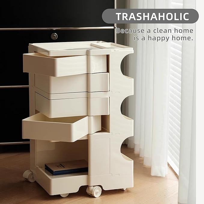 Multipurpose Utility Storage Cart - ABS Plastic Storage Caddy with Wheels and Slide Out Drawers - 360°Rotating Professional Trolley Cart - Mobile Caddy for Salon Supplies, Kitchen Needs (Beige)