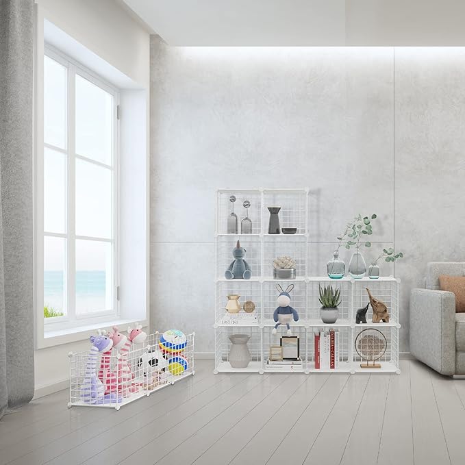 HUBSON Wire Cube Storage Organizer, Book/Toy/Craft/Potted Plants and petCloset Organizers and Storage Shelves, 12-Cube Freely Combinable Metal Grids Storage Shelf,White Plus Iron