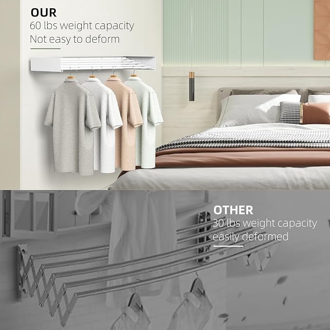 Laundry Drying Rack, Collapsible Wall Mounted - Drying Rack Clothing Foldable,Space Saving, 23.6" Wide, 13.2 Linear Ft, 5 Aluminum Rods, 60 lb Capacity (White, 23.6")