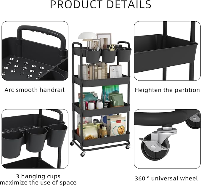 JIUYOTREE 4-Tier Plastic Rolling Storage Cart Utility Cart with Extra Hanging Cups Handles Lockable Wheels for Living Room Bathroom Kitchen Office Black