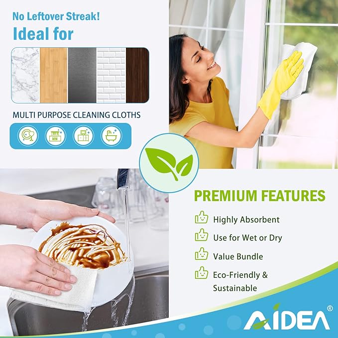 AIDEA Microfiber Cleaning Cloth 12PK, Dish Cloths White, Strong Water Absorption, Lint Free Rags, Scratch Free, Streak Free Microfiber Towels, Kitchen Dish Towels White, 11.5"x 11.5"