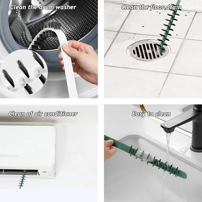 3 Pack Washing Machine Cleaning Brush, Crevice Brush & Drum Washing Machine Cleaner - Long Coil Brushes with Stiff Bristles (3Pcs Green)