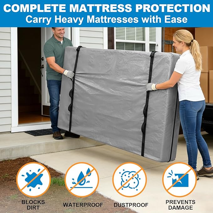 TICONN Mattress Bags for Moving, Heavy Duty Full XL Mattress Cover Storage Bag with Full-Around Handle and Adjustable Buckles (Gray, Full XL)
