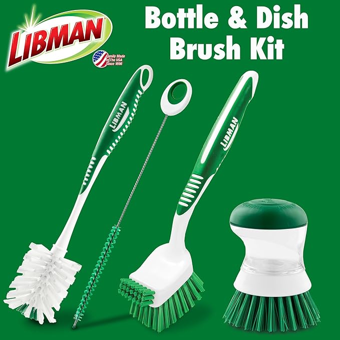 Libman Bottle & Dish Brush Kit | Cleaning Brushes for Kitchen Use | Straw Brush | Scrub Brushes for Dishes | Big Job Kitchen Brush | Palm Scrub Brush | 3 Different Brushes & Straw Cleaner Included