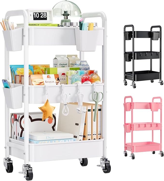 3 Tier Rolling Cart with Wheels, Metal Utility Storage Cart on Wheels, Craft Carts Organizer with Hanging Cups, Hooks, Three Tiered Rolling Carts for Bathroom, Laundry Room, Nursery, Office, White