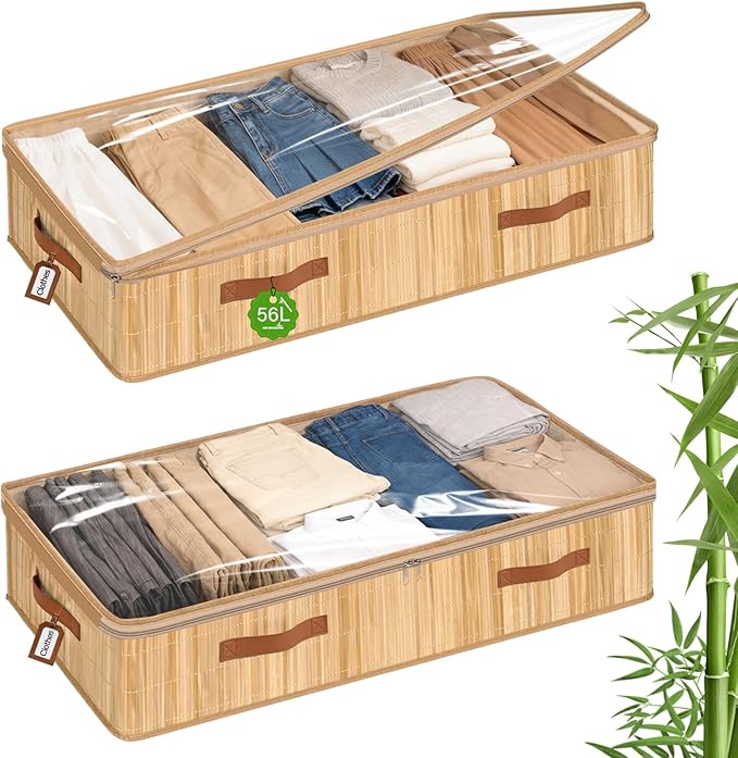 Livole Bamboo Under Bed Storage, 6 inches Underbed Storage Containers, 56L XXL Under Bed Storage Bins with Clear Lid & Label for Clothes, Blankets, Sweater, Shoes, 1 Pack