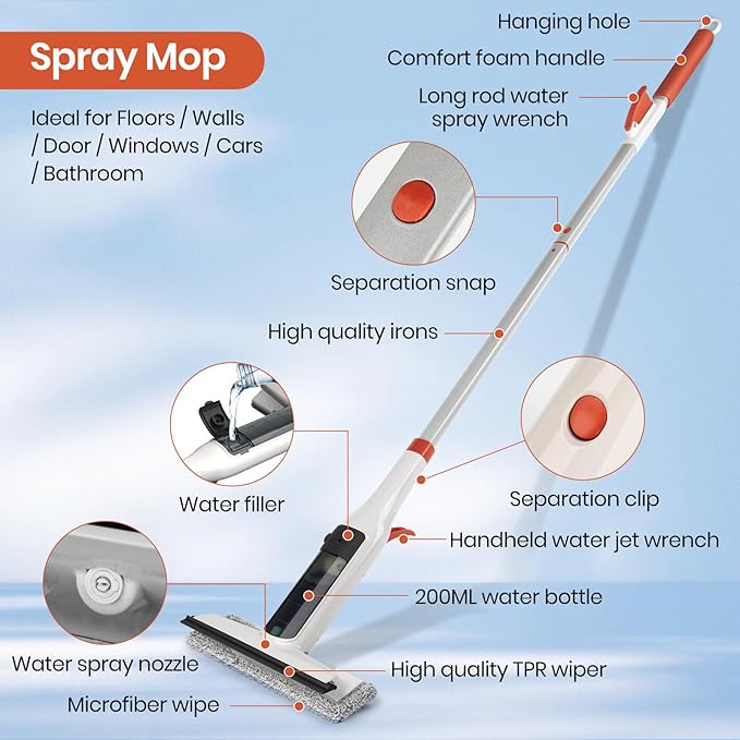 Spray Mop Window Cleaning Kit with Silicone Squeegee – Adjustable Aluminum Pole & Non-Slip Handle for Floors/Walls/Door/Windows/Cars/Bathroom, Detachable Tank & Washable Pads