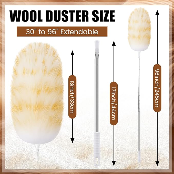 Remerry Extendable Lambswool Duster 30-96 Inch with Stainless Steel Handle Removable Head Multi-Surface Cleaning Tool for Ceiling Fan, Window, Roof, Wall, Furniture, Bookshelf, Home, Office