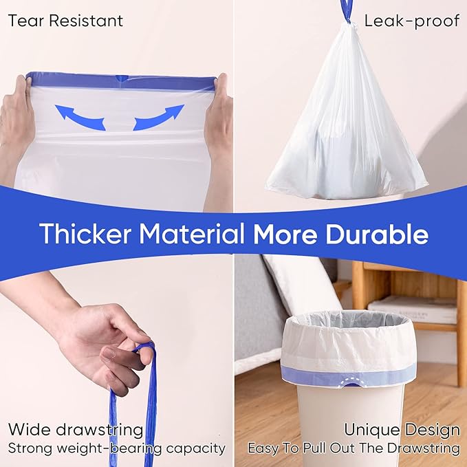Trash Bags 6 Gallons Drawstring Garbage Bags 60 Count for Office, Living Room, Kitchen and Bathroom Trash Cans- Thickened, Stretchy, Unscented
