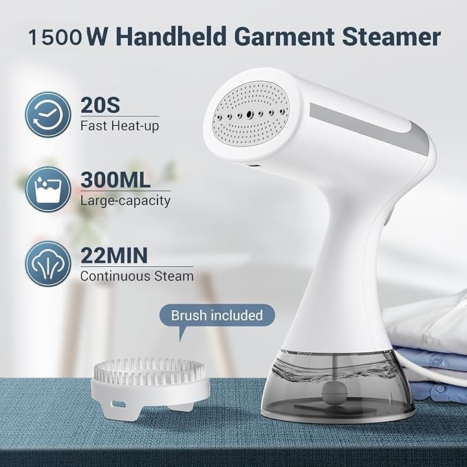 ZOOY Steamer for Clothes 1500W, Clothes Steamer for Home, Office, Travel, Portable Handheld Garment Steamer Upgraded 300ML Large Capacity Water Tank, Wrinkle Remover(White)