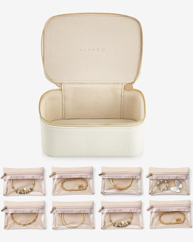 Vlando Jewelry Travel Case,Travel Jewelry Organizer with Clear Velvet Jewelry Bags Zipper Pouch for Women Girl Gift- 8Pcs White
