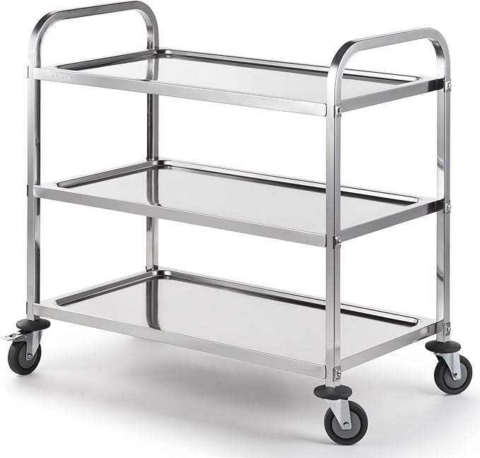 CURTA Stainless Steel Serving Trolley, 38" L x 20" W x 37" H 3 Tiered Shelf Kitchen Utility Cart, Rolling Casters Brake Wheel, Commercial Pro for Restaurant/Hotel/Lab/Clinic/Salon/Workshop