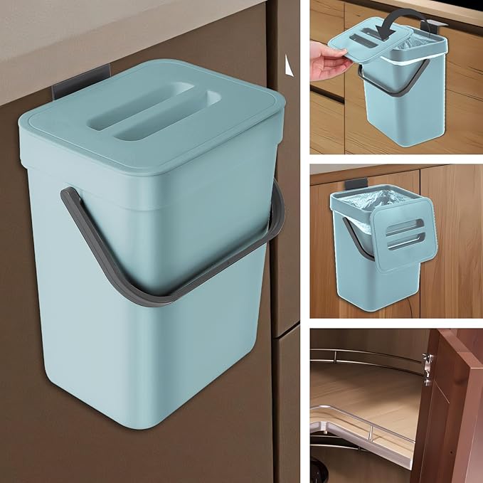 Compost Bin Kitchen, Bring 5 Rolls (100) of Garbage Bags, for Use on Countertops or Under Sinks, Hanging Trash Can with Lid, for Cupboard/Bathroom/Bedroom/Office/Camping(Bule 1.3 Gallon/5L)