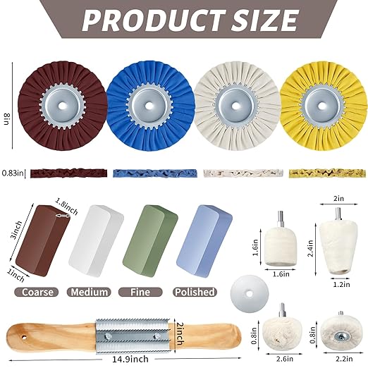 Liliful 15 Pcs 8" Airway Polishing Wheel Kit in Diameter 5/8", Metal Aluminum Buffing Wheel and Polishing Compound and Buffing Drill and Rake Pad for Angle Grinder Mirror Metal Finish (Dark Color)