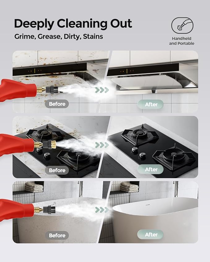 Steam Cleaner 2500W, Multipurpose Steamr for Cleaning, Handheld Steam Cleaner with Brushes, 15s Fast Heating Pressurized Steamer for Home Use, Portable Steamer for Car, Kitchen, Grout, Tile (Red)