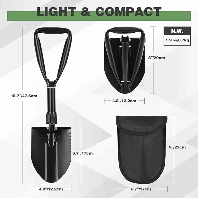 REDCAMP 18" Mini Survival Folding Camping Shovel with Cover, Manganese Steel Tri-Fold Handle Portable Tactical Shovel for Hiking, Beach, Mud, Snow, Lightweight 1.5Lbs Black