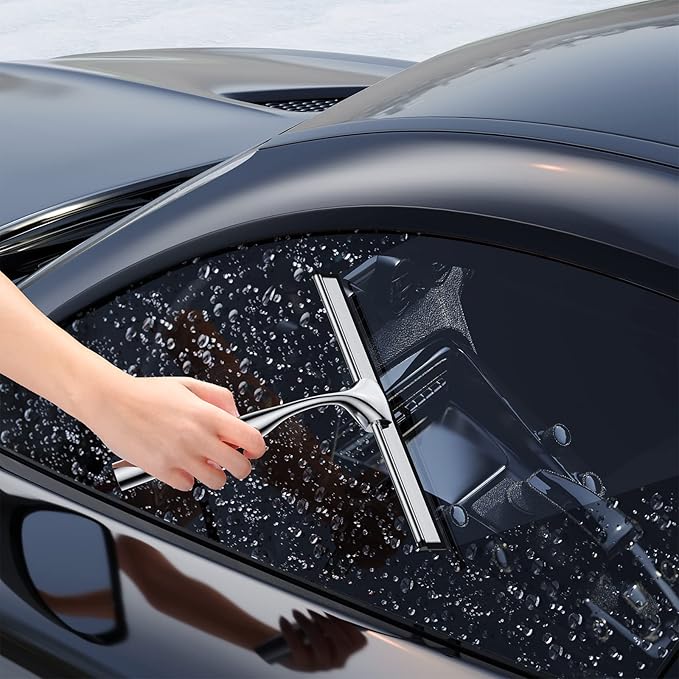 14-Inches Stainless Steel Shower Squeegee Set, Include Shower Door Hook, Adhesive Hook and Spare Silicone Blade, Window Squeegee for Shower Glass Door, Bathroom, Mirror, Window and Car Glass